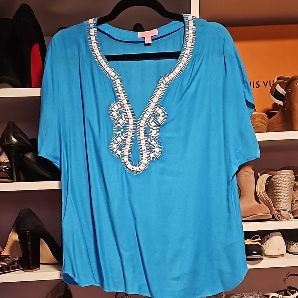 Lilly Pulitzer Blue V-Neck Short Sleeve Embellished Blouse